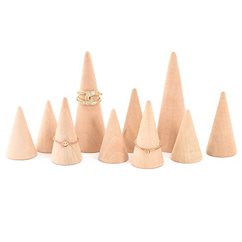 Luckforest Natural Wood Cones, 10Pcs 3 Different Sizes Wood Cone Rings Holder Jewelry Display Stand Vertical Shaped Unpainted Wooden Cones for Girls Luckforest