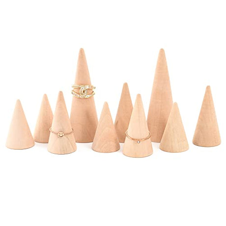 Luckforest Natural Wood Cones, 10Pcs 3 Different Sizes Wood Cone Rings Holder Jewelry Display Stand Vertical Shaped Unpainted Wooden Cones for Girls Luckforest