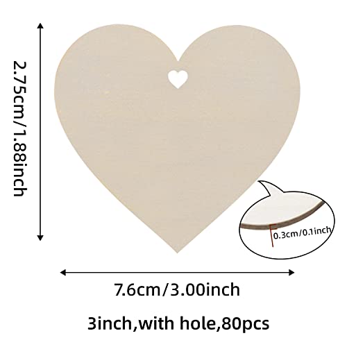 80Pcs 3" Wooden Hearts for Crafts, Wood Predrilled Hearts Cutout Slices, DIY Unfinished Wooden Ornaments Embellishments, Heart Sign Tag for