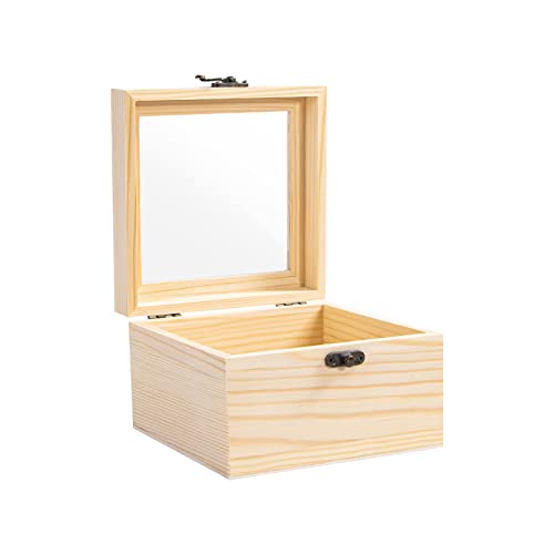 Useekoo Wooden Box with Hinged Lid, 5.9'' x 5.9'' x 3.9'' Unfinished Wood Keepsake Storage Box with glass lid, Wooden Jewelry Box for Gift and Home Useekoo