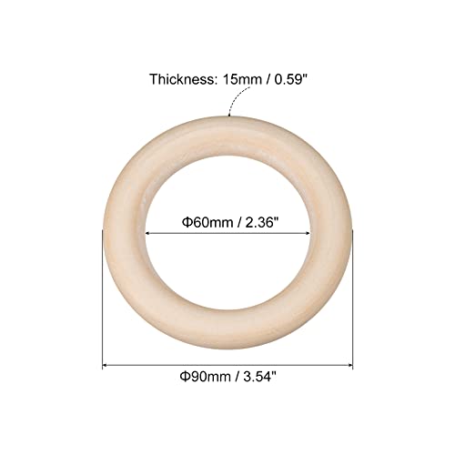 uxcell 6Pcs 90mm(3.5-inch) Natural Wood Rings, 15mm Thick Smooth Unfinished Wooden Circles for DIY Crafting, Knitting, Macrame, Pendant