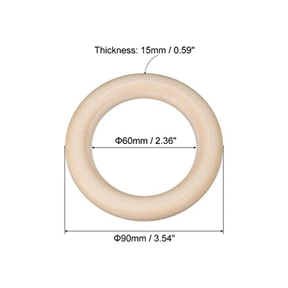 uxcell 6Pcs 90mm(3.5-inch) Natural Wood Rings, 15mm Thick Smooth Unfinished Wooden Circles for DIY Crafting, Knitting, Macrame, Pendant