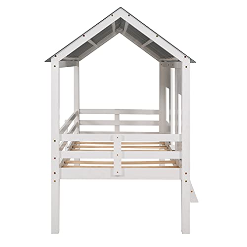 Merax Twin Size Low Loft Wooden House Bed with Roof and Windows in White and Grey - WoodArtSupply