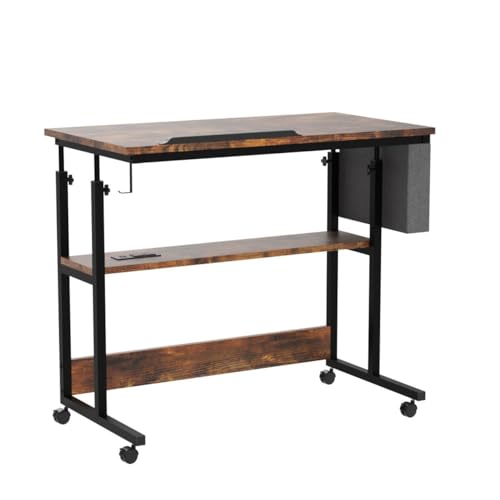 YITAHOME Height Adjustable Table with Charging Station, Portable Desk with Wheels, Small Standing Rolling Computer Desk with Tiltable Tabletop and YITAHOME