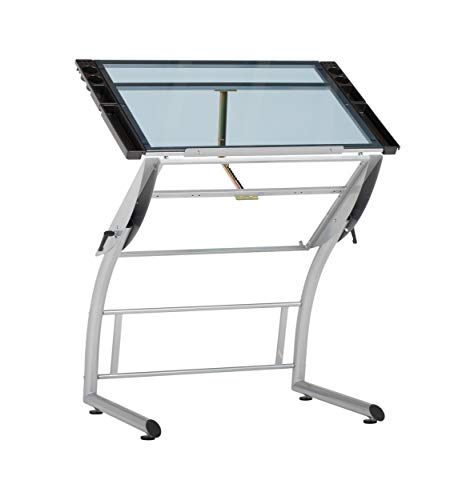 SD STUDIO DESIGNS Triflex Drawing Table, Sit to Stand Up Adjustable Office Home Computer Desk, 35.25" W X 23.5" D, Silver/Blue Glass SD STUDIO DESIGNS