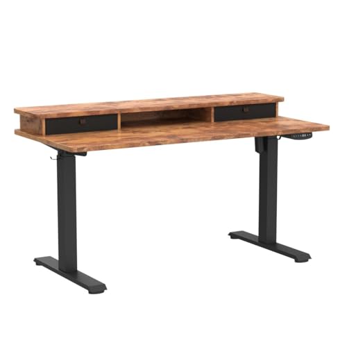 FEZIBO 55 x 24 Inch Height Adjustable Electric Standing Desk with Double Drawer, Stand Up Desk with Storage Shelf, Sit Stand Desk, Rustic Brown FEZIBO