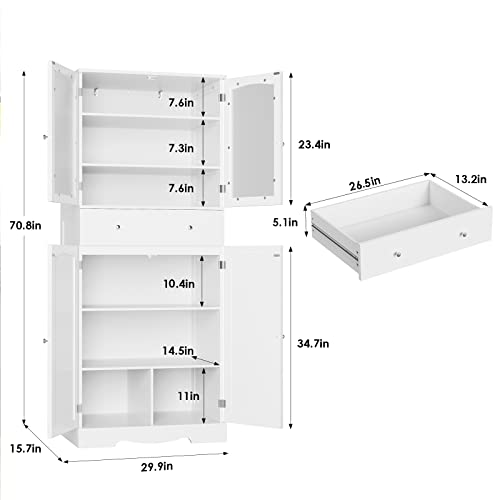 HORSTORS 71" Pantry Cabinet, Tall, Large Food Pantry, Freestanding Storage Cabinet with Drawer | Shelves | Glass Doors for Kitchen, Dining Living - WoodArtSupply