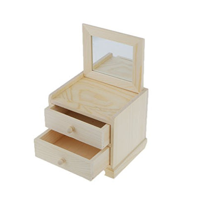 Dovewill Natural Unfinished Wooden Jewelry Box Small 2 Drawers Chest Case Glass Mirror - WoodArtSupply