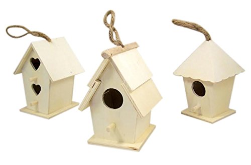 Miniature Natural Unfinished Wood Birdhouse with Jute Cord to Hang, Set of 3