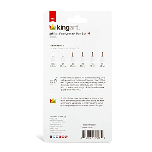 KINGART 430-6 PRO Inkline Micro Line & Precision Graphic Pens, 6 Assorted Nibs, Archival Waterproof Black Japanese Ink for Art, Illustration, - WoodArtSupply