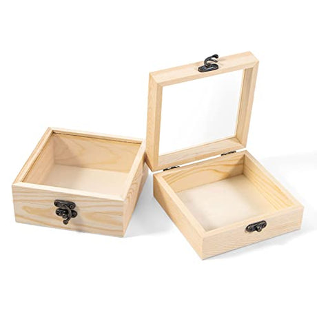 Useekoo 2Pcs Small Wood Box with Lid, 4.7'' x 4.7'' x 2'' Unfinished Wood Gift Box with Glass Lid, Tiny Wooden Box for Gift and Home Decorations Useekoo