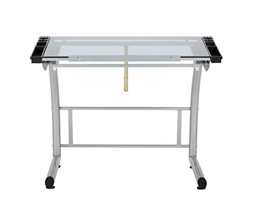 SD STUDIO DESIGNS Triflex Drawing Table, Sit to Stand Up Adjustable Office Home Computer Desk, 35.25" W X 23.5" D, Silver/Blue Glass SD STUDIO DESIGNS
