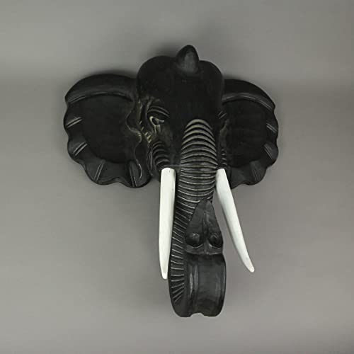Zeckos Majestic African Elephant Head Wall Sculpture: Hand-Carved Black Wood Artistic Statue - Artisan Crafted Safari Style Decor Masterpiece - 19 Zeckos