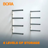BORA Wood Organizer and Lumber Storage Metal Rack with 4-level Wall Mount - Indoor and Outdoor Use, White & Gray - PBR-0420 Bora