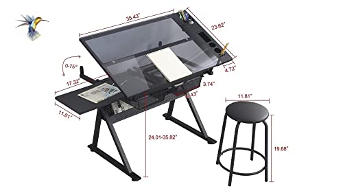Lambgier Glass Craft Table Drawing Desk – Drafting Tables Hobby Table Writing Studio Art Artist Desk with Adjustable Tilted Tabletop (Black) Lambgier