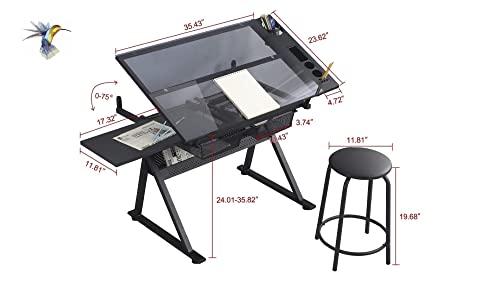 Lambgier Glass Craft Table Drawing Desk – Drafting Tables Hobby Table Writing Studio Art Artist Desk with Adjustable Tilted Tabletop (Black)