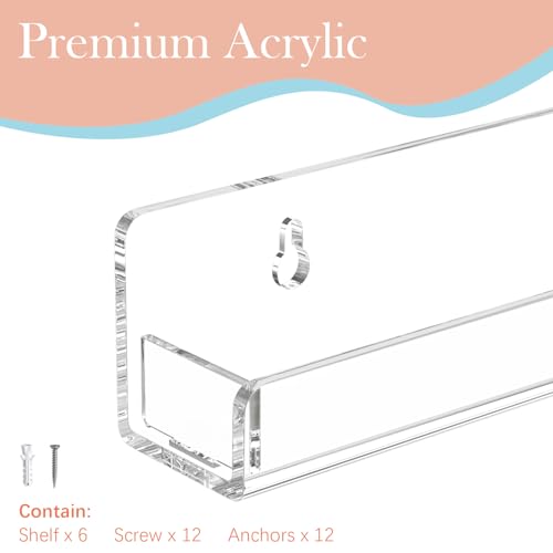 FEMELI Nail Polish Wall Rack 6 Shelves, 15 Inch Clear Acrylic Nail Polish Organizer for 66-90 Bottles, Multi-Purpose Acrylic Floating Shelves (15 FEMELI