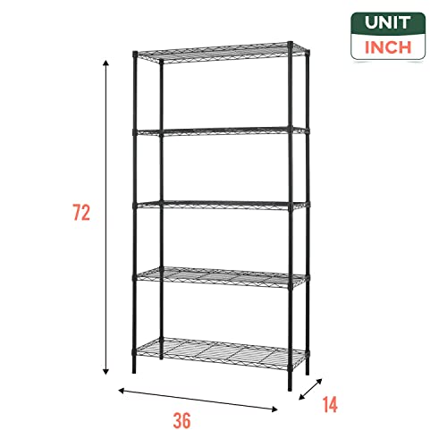 14" D×36" W×72" H Wire Shelving Unit Commercial Metal Shelf with 5 Tier Adjustable Layer Rack Strong Steel for Restaurant Garage Pantry Kitchen - WoodArtSupply