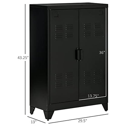 HOMCOM Industrial Storage Cabinet, Steel Garage Cabinet with Double Doors and Adjustable Shelves, Black