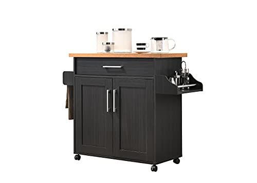 Hodedah Kitchen Island with Spice Rack, Towel Rack & Drawer, Black with Beech Top Hodedah