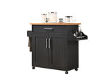 Hodedah Kitchen Island with Spice Rack, Towel Rack & Drawer, Black with Beech Top Hodedah