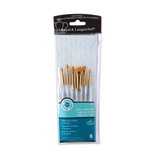 Royal & Langnickel Royal Zip N' Close Gold Taklon Clear Acrylic Filbert and Angular 7-Piece Brush Set - WoodArtSupply