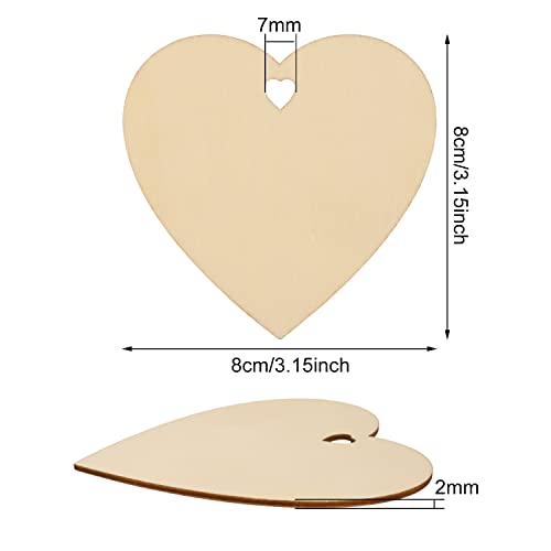 yueton 30PCS 8cm/3.15inch Wooden Heart Hanging Ornaments Unfinished Blank Heart Wood Pieces Wood Slices Wood Chips Gift Tags Wooden Heart