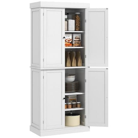 HOMCOM 72.5" Kitchen Pantry Storage Cabinet, Freestanding Kitchen Cabinet with 4 Doors and Adjustable Shelves for Dining Room, White Wood Grain HOMCOM