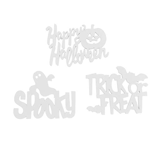Ciieeo 3pcs Halloween Wood Cutouts White Blank Wooden Slices Happy Halloween Spooky Trick or Treat Unfinished Wooden Pieces Sign for Painting Art