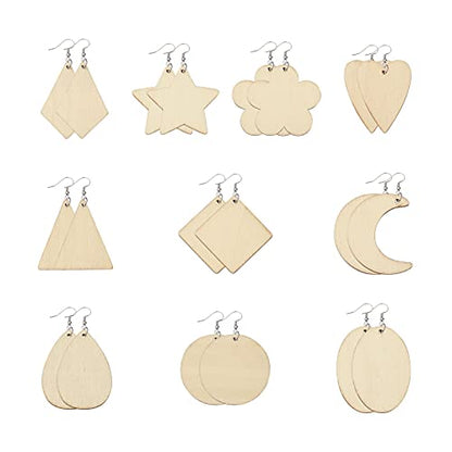 Craftdady 100pcs Unfinished Wooden Earring Blanks Rhombus Teardrop Oval Triangle Circle Flower Pendants Charms with 100pcs Earring Hooks & Jump Rings