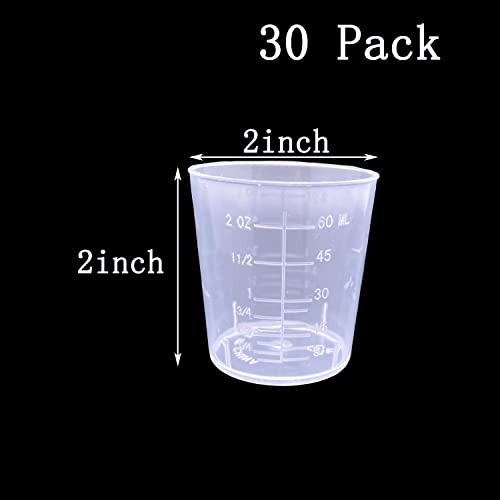 30 Pcs Plastic Graduated Cups, 60ml/2oz Clear Scale Cups with 50 Pcs Wooden Stirring Sticks for Epoxy, Resin, Stain, Mixing Paint MYYZMY