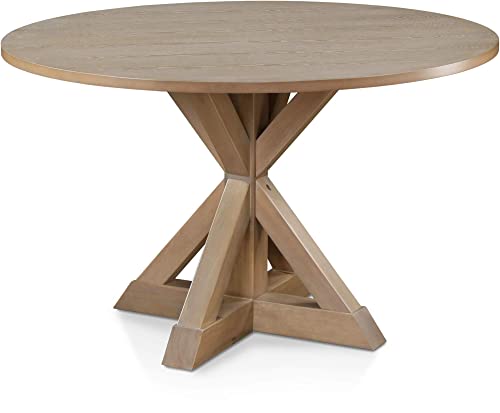 Finch Alfred Round Solid Wood Rustic Dining Table for Farmhouse Kitchen Room Decor, Wooden Trestle Pedestal Base, 46.5" Wide Circular Tabletop, Finch