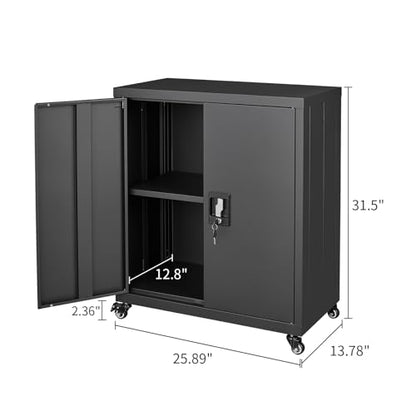 GREATMEET Metal Storage Cabinet with Wheels, Locking Cabinet with Doors and Shelf, Metal Cabinet for Tool Storage, Lockable Metal Cabinet Easy