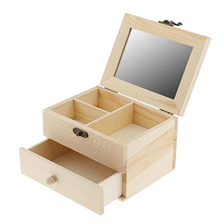 MonkeyJack 2 Tiers Plain Unpainted Wooden Jewelry Box Organizer Storage Container Unfinished Drawer Case DIY Crafts MonkeyJack