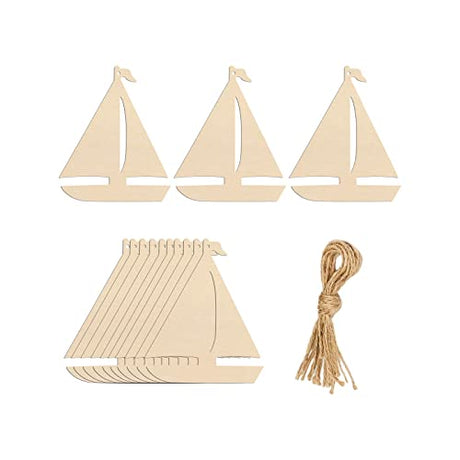 20pcs Sailboat Shape Wood Cutouts DIY Crafts Blank Boat Unfinished Wooden Gift Tags Ornaments with Ropes for Summer Ocean Sea Theme Party Decoration JANOU