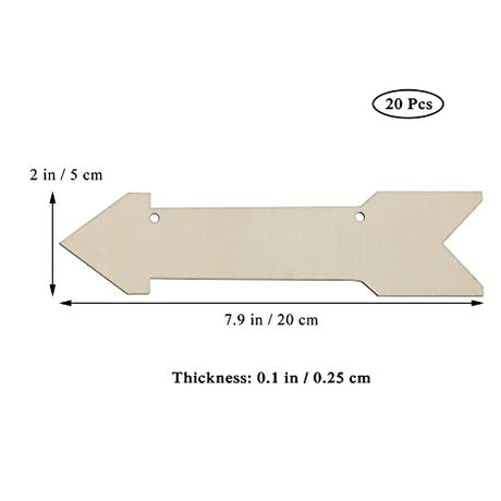 20pcs Arrow Shape Unfinished Wood Sign Blank Arrow Hanging Wooden Plaque DIY Craft Project Wood Sign with Rope Door Wall Art Decorative, 7.9x2 Inch JANOU