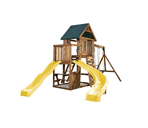 Swing-N-Slide WS 8355 Castlebrook Swing Set with Two Slides, Swings & Climbing Wall, Wood Swing-N-Slide