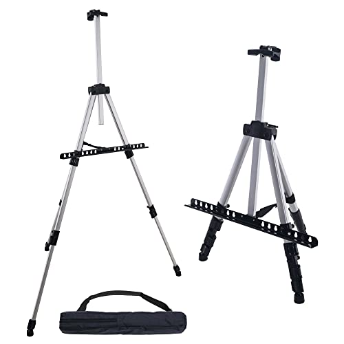 U.S. Art Supply 66" Sturdy Silver Aluminum Tripod Artist Field and Display Easel Stand - Adjustable Height 18" to 5.5 Feet, Holds 36" Canvas - Floor - WoodArtSupply