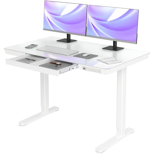 Claiks Glass Standing Desk with Drawers, 48×24 Inch Adjustable Stand Up Desk, Quick Install Home Office Computer Desk with USB Ports, White Claiks