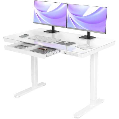 Claiks Glass Standing Desk with Drawers, 48×24 Inch Adjustable Stand Up Desk, Quick Install Home Office Computer Desk with USB Ports, White - WoodArtSupply