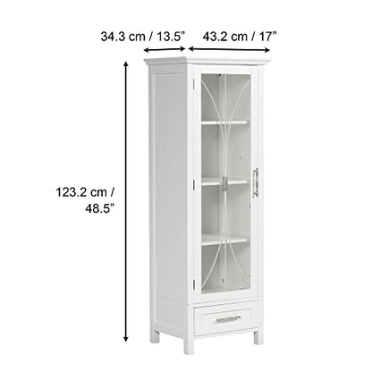 Teamson Home Delaney Linen Tower Tall Narrow Skinny Bathroom Storage Space Saver with 1 Glass Panel Door 3 Adjustable Shelves 1 Drawer, White