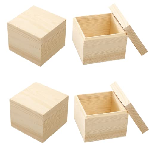 LONG TAO 4 Pcs 3.9''x3.9''x3.1'' Unfinished Square Wooden Treasure Boxes Decorate Wooden Boxes Wooden Storage Box Natural DIY Craft Stash Boxes with