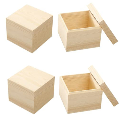 LONG TAO 4 Pcs 3.9''x3.9''x3.1'' Unfinished Square Wooden Treasure Boxes Decorate Wooden Boxes Wooden Storage Box Natural DIY Craft Stash Boxes with - WoodArtSupply