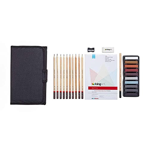KINGART Drawing Set, Sketch Travel Case Kit, Sketching Supplies, Graphite, and Charcoal Pencils, Pro Art Drawing Kit for Artists Adults, Teens, KINGART