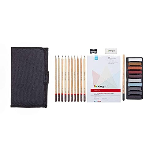 KINGART Drawing Set, Sketch Travel Case Kit, Sketching Supplies, Graphite,  and Charcoal Pencils, Pro Art Drawing Kit for Artists Adults, Teens