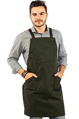 Under NY Sky Essential Army Green Apron – Cross-Back with Durable Twill and Leather Reinforcement – Adjustable for Men and Women – Pro Chef, Tattoo Under NY Sky
