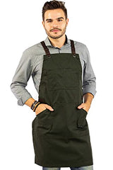Under NY Sky Essential Army Green Apron – Cross-Back with Durable Twill and Leather Reinforcement – Adjustable for Men and Women – Pro Chef, Tattoo Under NY Sky