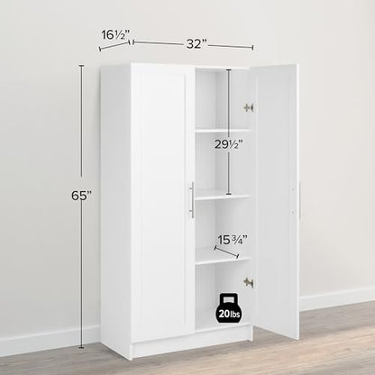 Prepac Elite Storage Accent Cabinet with Panel Doors, White Storage Cabinet, Bathroom Cabinet, Pantry Cabinet with 3 Shelves 16.5.5" D x 32" W x 65"