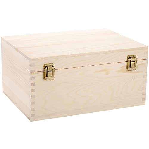 Frcctre Extral Large Unfinished Wooden Box, 13 x 10 x 6.5 inch Natural Unfinished Pine Wood Box with Hinged Lid and Front Clasp for DIY Craft Art