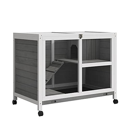 PawHut Indoor Rabbit Hutch with Wheels, Desk and Side Table Sized, Wood Rabbit Cage, Waterproof Small Rabbit Cage, Gray - WoodArtSupply